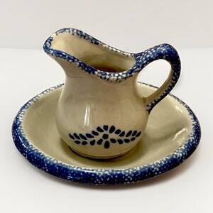 VTG Pitcher Set 2PC Blue Sponge Farmhouse Country Kitchen Folk Loomco 4.5" Mini